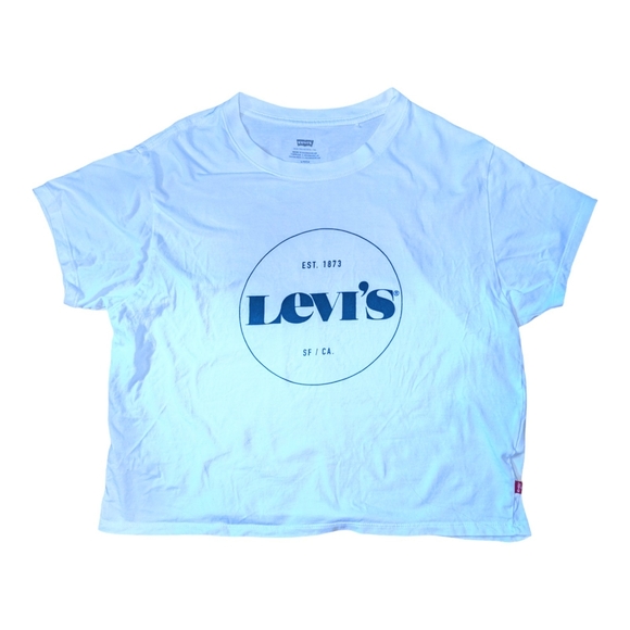 Levi's| Women Varsity Dark Blue Circle Logo White Loose T-Shirt |Size: Small - Picture 1 of 11